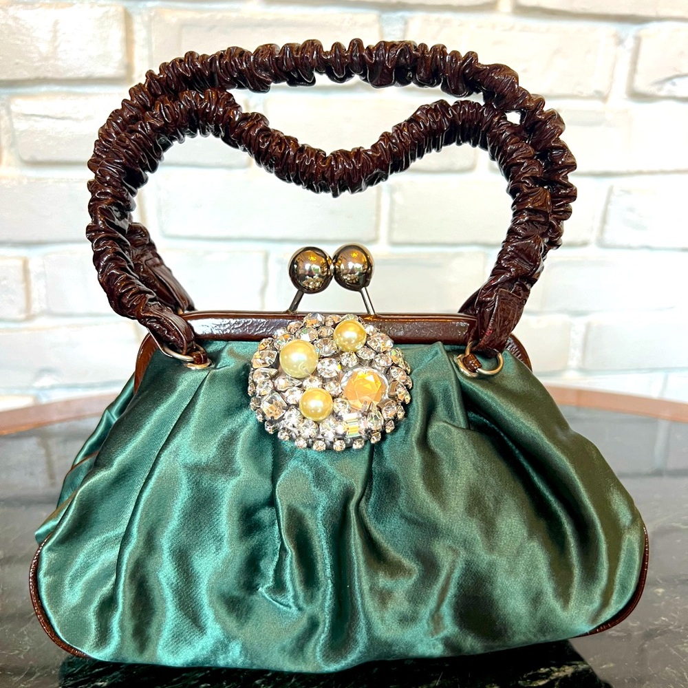 Rada Borse green satin and chocolate brown patent leather bag made in Italy